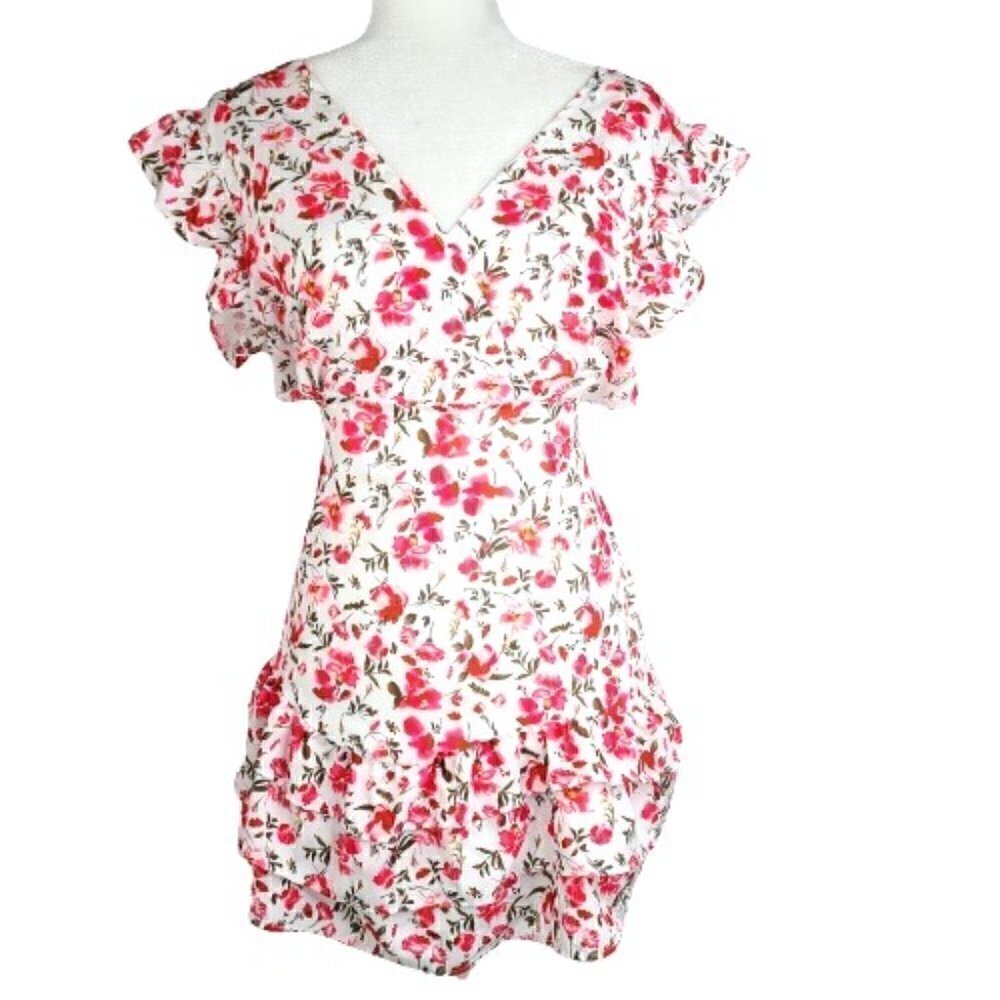 Women's Faux Wrap Red White Floral Ruffle Sexy Back Ruffle Dress